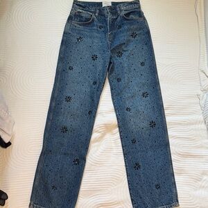Reformation Blue Straight Leg Jeans with Black Floral Accents